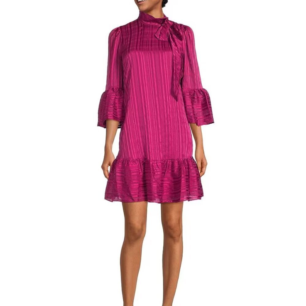 Calvin Klein Mock Tie Neck Dress Women's Size 2 Pink Chiffon Flowy Bell Sleeve